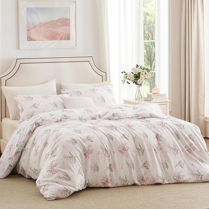 Duvet Cover Queen 3Pcs Pink Floral Bedding Set for Girls, Lily of The Valley with Butterfly and Bow Design, 1 Duvet Cover and 2 Pillowcases, Soft Breathable Microfibre Reversible