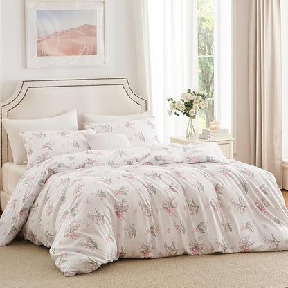 Duvet Cover Queen 3Pcs Pink Floral Bedding Set for Girls, Lily of The Valley with Butterfly and Bow Design, 1 Duvet Cover and 2 Pillowcases, Soft Breathable Microfibre Reversible