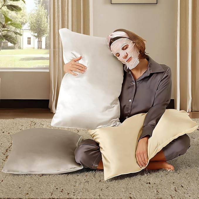 BHZ Grey Satin Goose Down Feather Pillows King Size Set of 2 with Satin Pillowcase for Hair and Skin, Cooling Pillow Cases Similar to Silk Pillow Cases, Decorative for Women, Mom Men
