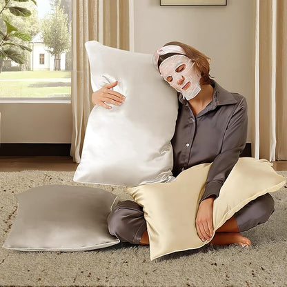 BHZ Beige Satin Goose Down Feather Pillows Standard Size Set of 2 with Pillowcase for Hair and Skin, Cooling Pillow Cases Similar to Silk Pillow Cases, Decor for Women, Mom Men
