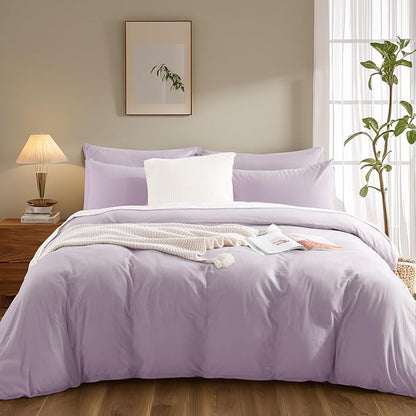 NEXHOME PRO Duvet Cover Set 100% Washed Cotton Oversized Queen 92"x98", Organic Natural Linen Look Textured 3 Pieces Bedding Set Lavender Lilac with Zipper Closure, Breathable Soft (No Comforter)