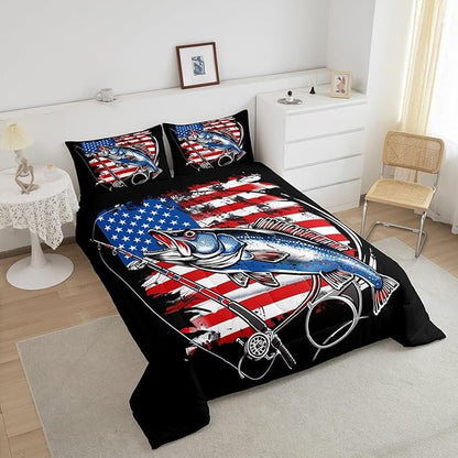 Feelyou Bass Fish Bedding Set Full Size Farmhouse Fishing American Flag Comforter Set for Kids Boys Girls Teens Fishing Lover Room Wild Pike Fish Decor Comforter Red Blue Stripe Quilted Set 3Pcs