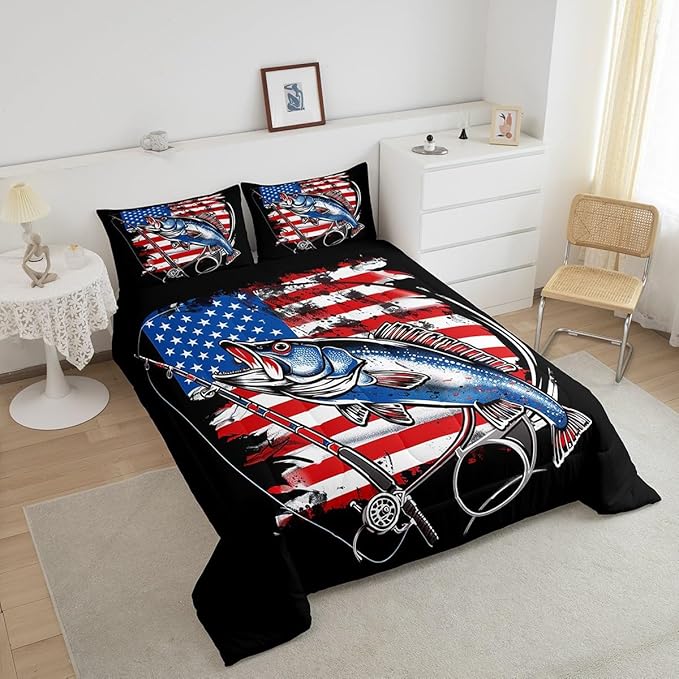 Feelyou Farmhouse Fishing Bedding Set Queen Size Bass Fish American Flag Comforter Set for Kids Boys Girls Teens Fishing Lover Room Wild Pike Fish Decor Comforter Red Blue Stripe Quilted 3Pcs