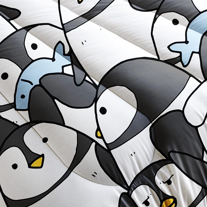 CVHOUSE Cartoon Penguin Bedding Set - 3 Pieces (1 Comforter + 2 Pillow Cases) - Twin, Full, Queen Sizes - Black