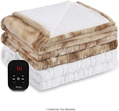 Bearhug Electric Blanket Twin Size 62" x 84", Faux Fur & Sherpa Heated Blanket, 10 Heating Levels & 1-12H Auto Off, Champagne, Over-Heat Protect, ETL Certification, Machine Washable