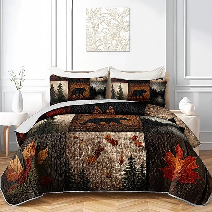 QOOMO Woodland Quilt Set Twin Size,Bear Leaves Bedspread Coverlet Set,Bear Leaves 3Pcs Bedding Set Printed Quilt with 2 Pillowcases,Soft and Lightweight,for All Seasons