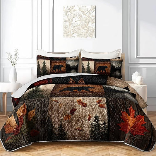 QOOMO Woodland Quilt Set King Size,Bear Leaves Bedspread Coverlet Set,Bear Leaves 3Pcs Bedding Set Printed Quilt with 2 Pillowcases,Soft and Lightweight,for All Seasons