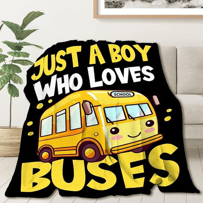 Khumbhira Funny Yellow School Bus Blanket Just A Boy Who Loves Buses Blanket for Boys Kids Warm Plush Lightweight School Buses Throw Blanket for Couch Sofa Bed All Season Use 90"x120"-XL