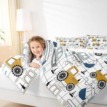 Feelyou Construction Comforter Set King Size Kids Excavator Tractor Toddler Comforter Cartoon Car Equipment Trucks Plaid Grid Comforter Set Construction Vehicles White Yellow Duvet Set