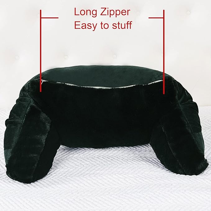 Plush Faux Fur Backrest Reading Bed Rest Pillow with Arms and Pockets for Sitting in Bed Couch Sofa, Back Support Wedge Cushion with Removable Cover, 20" x 18" x 17", Black