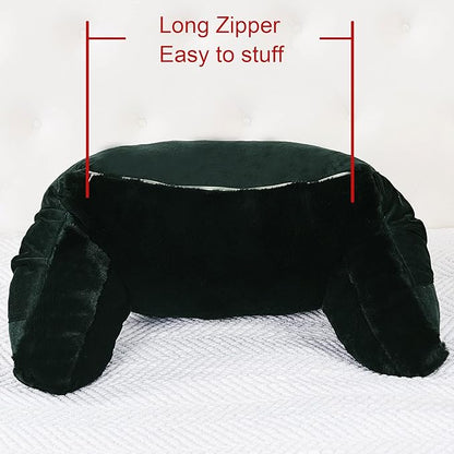 Plush Faux Fur Backrest Reading Bed Rest Pillow with Arms and Pockets for Sitting in Bed Couch Sofa, Back Support Wedge Cushion with Removable Cover, 20" x 18" x 17", Black