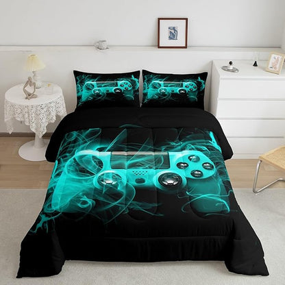 Feelyou Kids Gamer Comforter Set Toddler Size Teens Gamepad Bedroom Decor for Boys Girls Video Game Controller Bedding Set Youth Gaming Console Comforter Blue Black with 1 Pillow Case