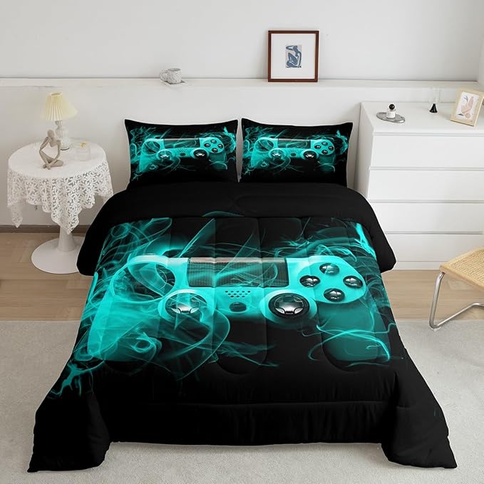Feelyou Kids Gamer Comforter Set Full Size Teens Gamepad Bedroom Decor for Boys Girls Video Game Controller Bedding Set Youth Gaming Console Comforter Blue Black with 2 Pillow Case