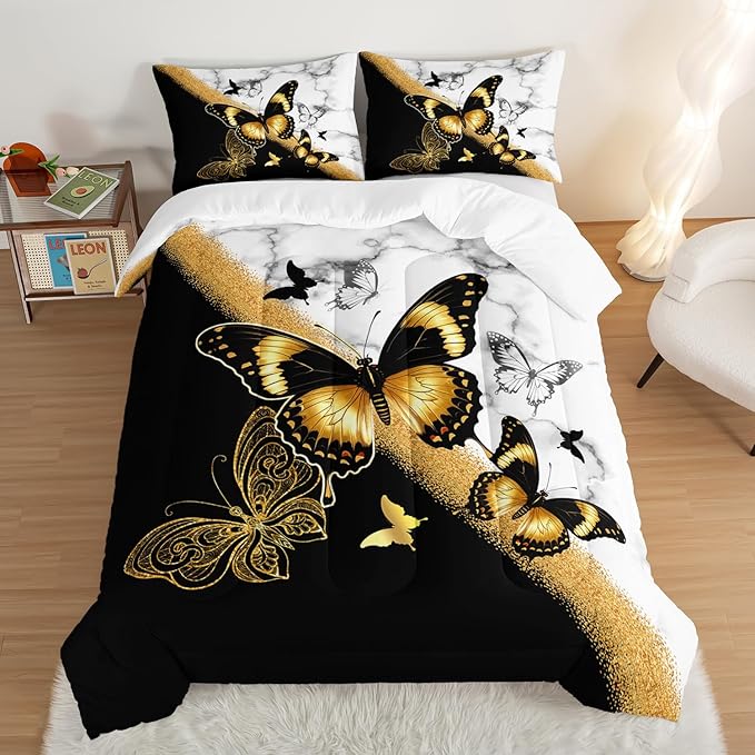 Kids Bedding King Size Comforter Set,Black and Gold Butterfly Bedding Comforter Sets for Boys Girls Room Decor,Animal Themed Artistic Aesthetic Bedding Sets with 2 Pillowcases.
