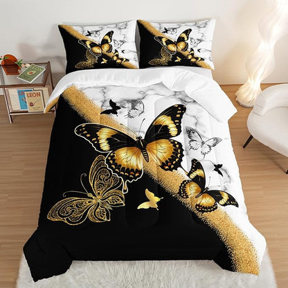Kids Bedding King Size Comforter Set,Black and Gold Butterfly Bedding Comforter Sets for Boys Girls Room Decor,Animal Themed Artistic Aesthetic Bedding Sets with 2 Pillowcases.