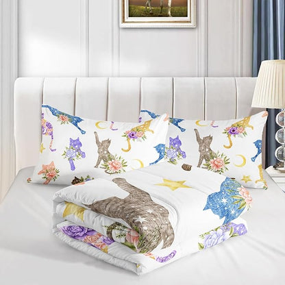 Flowers Cat Bedding Queen Cartoon Stars Moon Comforter 3 Pieces Colored Cute Cats Comforter Set for Teens Kids Boys Girls Adults Kawaii Cat Quilt with 1 Comforter and 2 Pillowcases