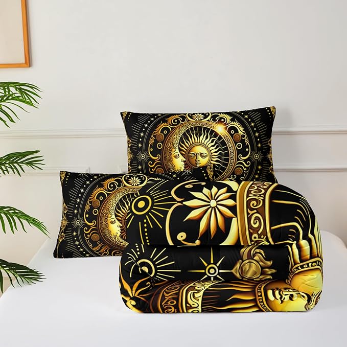 Black and Gold Queen Size Sun and Moon Comforter Set，Quilts Queen Size Bedding Sets Sun Moon，with 1 Comforter with 2 Pillow Case