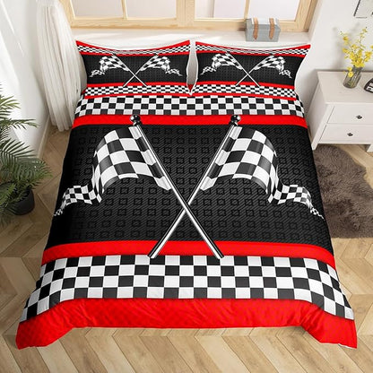 Race Car Themed Duvet Cover Twin Size,Black White Checkered Flag Print Comforter Cover Set for Kids Boys Girls,Red Stripes Geometric Grid Plaid Bedding Quilt Cover Set Bedroom Decor, 2 Pieces
