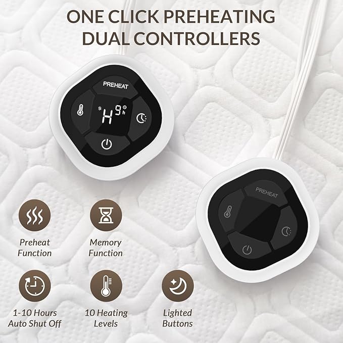 HOMLYNS LuxeHeat Electric Heated Mattress Pad Queen Size Zoned Dual Control with Preheat Function 10 Heat Levels 1-10H Memory Timer, Illuminated Button