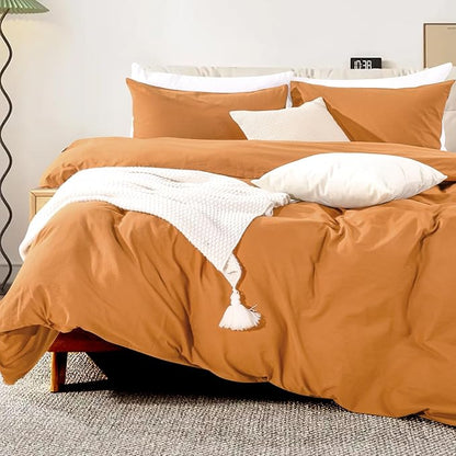 NEXHOME PRO Duvet Cover Set Oversized Queen 98"x98" Linen Look Textured Organic Natural 100% Washed Cotton Duvet Cover 3 Pieces Bedding Set Zipper Closure, Breathable, Halloween Orange(No Comforter)
