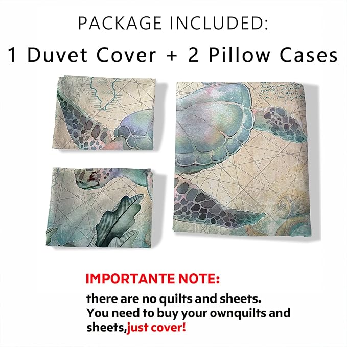CVHOUSE Sea Turtle Duvet Cover Twin Size,Ocean Bedding Set for Kids Teens,Beach Comforter Cover,1 2 Pillowcases 3 Piece Twin 71'x87'