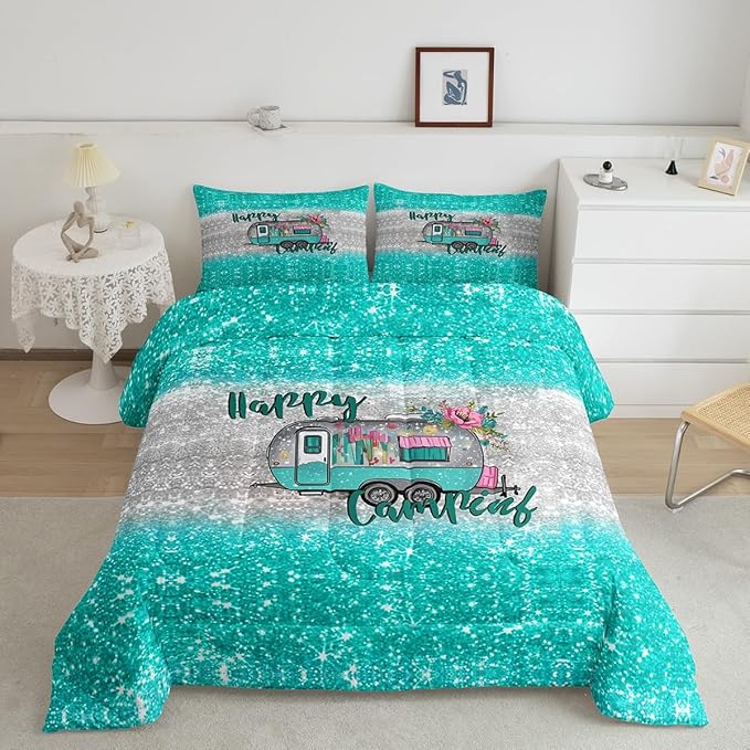 Feelyou Kids Camper Bedding Set Full Farmhouse Rustic Happy Camping Comforter for Girls Luxury Teal Glitter Floral Decor Comforter Set Camper Lover Quilt with 2 Pillow Case Boys