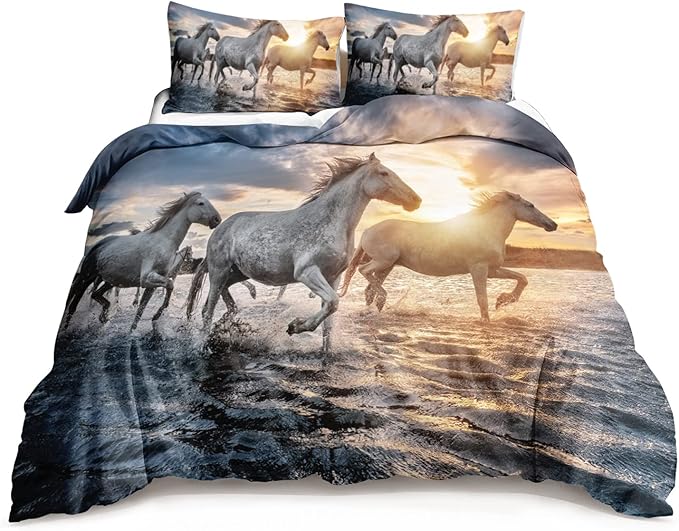 HOSIMA Comforter Cover Horse Theme Print Full Size Handsome Horse Bedding Set Queen Size for Kids Teen Girls Boys Room Decor, Twin Bedding Sets for Girls with 2 Pillowcases.