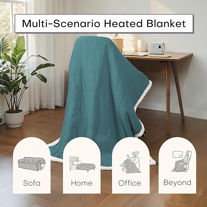 Electric Heated Blanket Full Size 72"x84" - Dual-Sided with Microplush & Sherpa Fabric, 4 Heat Settings & 10 Hours Auto Off, Machine Washable - Teal