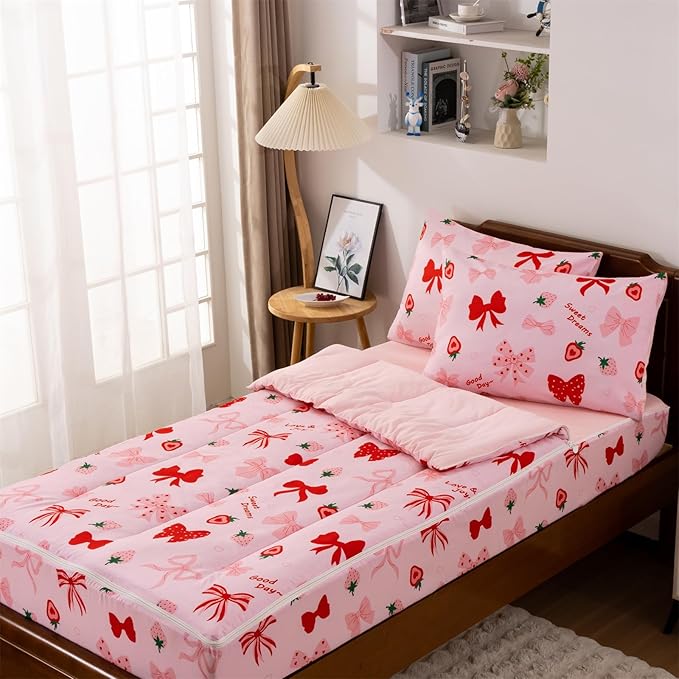 Holawakaka Kids Zipper Bedding Bow Comforter Set, Girls Women Twin Size Strawberry Bowknot Print Zippered Bed Sets, Child Cartoon Dorm Zip Bedding