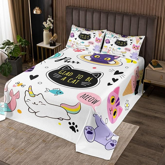 Erosebridal Mermaid Cat Bedding Set Queen Size, Cute Aimal Bedspread for Kids Cartoon Cat Quilt, Home Decoration 3 Pcs Coverlet Set with 2 Pillowcases