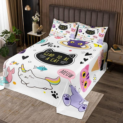 Erosebridal Mermaid Cat Comforter Set Twin Size, Cute Aimal Bedspread for Kids Cartoon Cat Quilt, Home Decoration 2 Pcs Coverlet Set with 1 Pillowcase