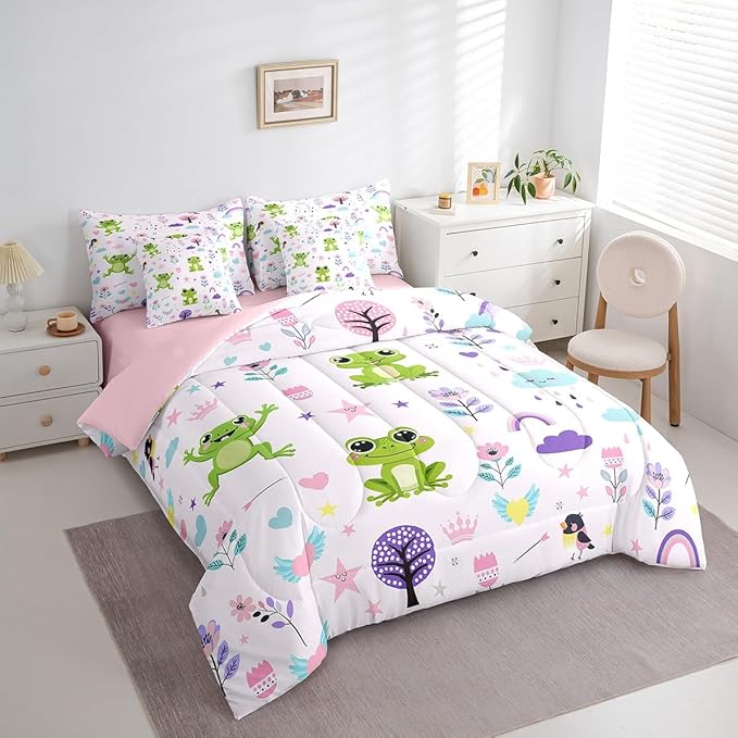 Erosebridal Full Comforter Set 7 Pieces,Floral Frog Reversible Bed in a Bag Full,Cartoon Zoo Animal Full Bedding Set,Cute Flower Comforter, Flat Sheet, Fitted Sheet, Pillowcases, Cushion Cases
