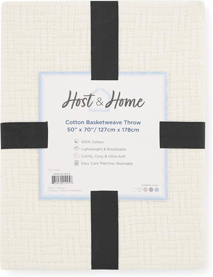 Arkwright Basket Weave Throw Blanket - 100% Ringspun Cotton All Season Throws, Luxury Hotel Quality, Soft on Skin, Breathable, 300 GSM for Bed, Sofa, and Chair, 50 X 70 in, Ivory