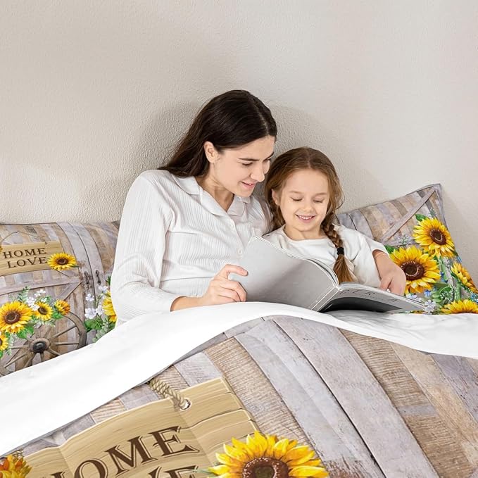 Sunflower Comforter Set Twin Size Rustic Farmhouse Bedding Set Spring Flowers Quilt Set 2pcs for Kids Girls Women Boys Room Decor Home Themed Barn Door Duvet Insert with 1 Pillowcase