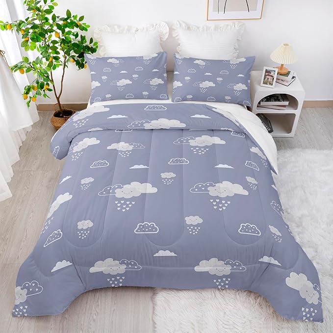 Cute Clouds Printed Bedding Comforter Set King Size for Teens and Adults,Clouds Printed Quilt Set for Bedroom 100% Soft Microfiber All Season with 1 Comforter and 2 Pillowcases