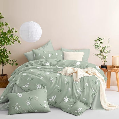 Floral Duvet Cover Queen Size Sage Green Botanical Bedding Set with White Flower 3 Pcs Women Men Romantic Floral Silhouette Ultra Soft Reversible Fall Duvet Cover with Zipper Closure