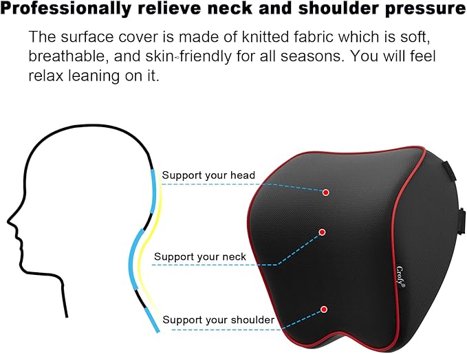 Crofy 2 Pack Car Neck Pillow, Softness Car Headrest Pillow for Driving with Adjustable Strap, 100% Memory Foam and Breathable Removable Cover, Comfortable Ergonomic Design (Red Side Rope)
