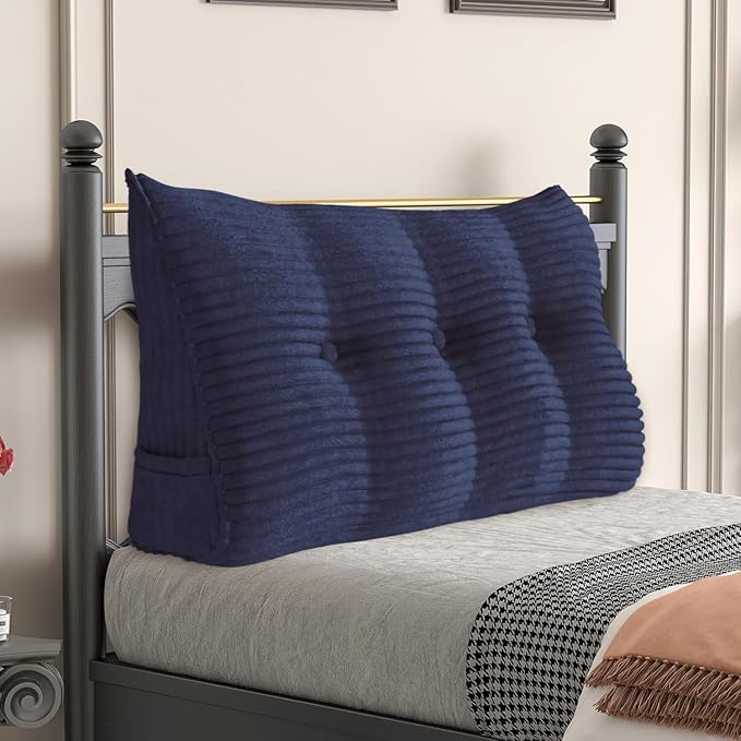 Daneey Headboard Wedge Pillow Bed Wedge Pillow for Headboard Bolster Reading Pillow for Bed Back Pillow for Sitting in Bed Wedge Pillow with Removable Corduroy Cover (Deep Blue, Twin)