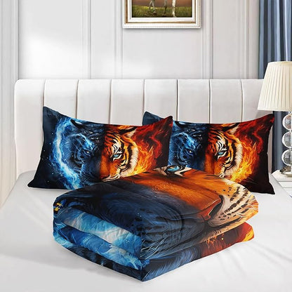 Tiger Comforter Set Wild Animals Flame Printed Bedding Set with 1 Comforter and 2 Pillowcases for Boys and Girls Bedroom All Season（TigerQueen