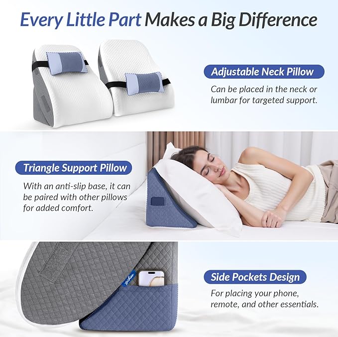 ZIKEE Adjustable Wedge Pillow Headboard Set for Sleeping & After Surgery, Ergonomic Reading Pillow for Sitting in Bed, Bed Wedge with Premium Memory Foam for Back Pain Relief & Support, Leg Elevation