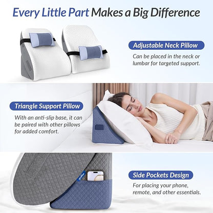 ZIKEE Adjustable Wedge Pillow Headboard Set for Sleeping & After Surgery, Ergonomic Reading Pillow for Sitting in Bed, Bed Wedge with Premium Memory Foam for Back Pain Relief & Support, Leg Elevation