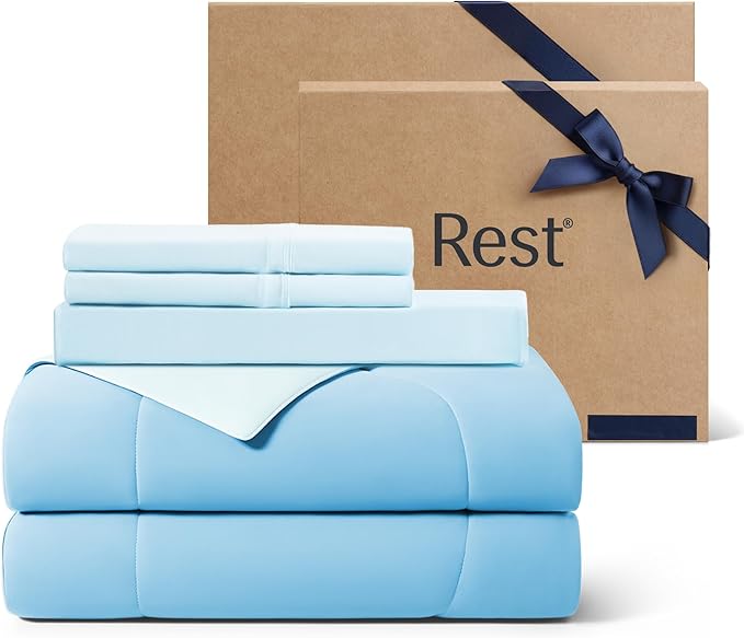Rest® Evercool®+ Cooling Comforter Set, Full Size Light Blue, 4pcs with Cooling Blanket, Wrinkle-Free Deep Pocket Fitted Sheet, 2 Silver-Infused Pillowcases for Skin and Hair Bed Set for Ultra Comfort