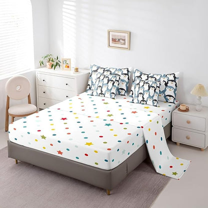 Feelyou Penguin Comforter Set with Sheets Cartoon Penguin 7 Piece Bedding Set for Kids Boys Girls Cute Polar Animal Pattern Bed in a Bag King Size Snowy Winter Bed Set