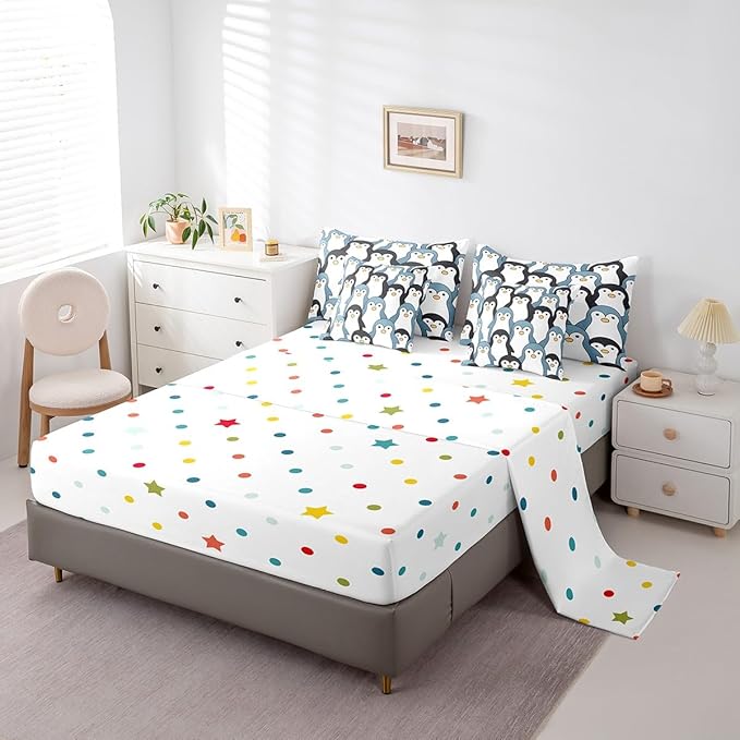 Feelyou Penguin Comforter Set with Sheets Cartoon Penguin 7 Piece Bedding Set for Kids Boys Girls Cute Polar Animal Pattern Bed in a Bag Queen Size Snowy Winter Bed Set