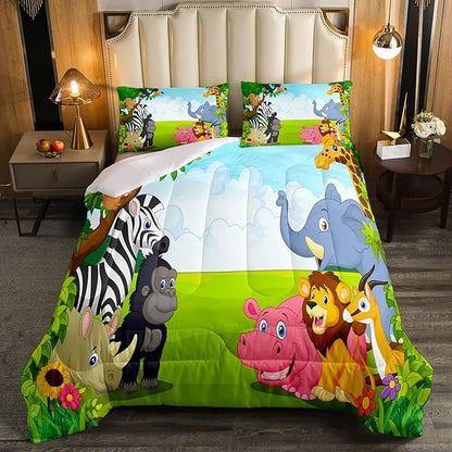 Feelyou Kids Cartoon Animal Soft Comforter Set Jungle Elephant Lion Zebra Giraffe Monkey Bedding Set Cute Quilt Collection 3Pcs Queen Size Boys