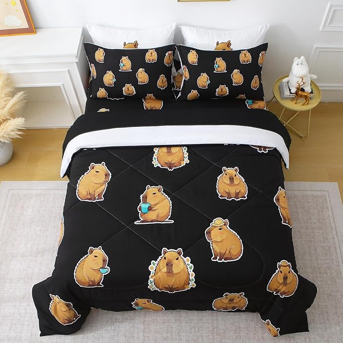 Wajade Capybara Comforter Set 7 Piece Cute Black Animal Bedding Set Capybara for Boys Girls Room Decoration Queen Size with Sheet and 2 Pillowcases 2 Pillow Shams Cute Bed in a Bag as Birthday Gift