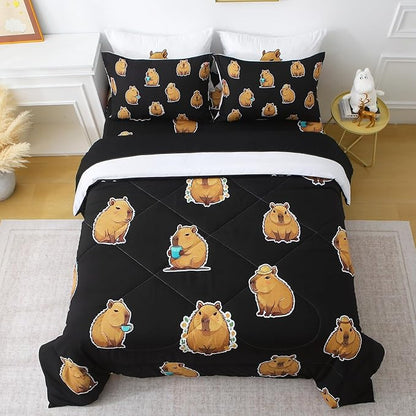 Wajade Capybara Comforter Set 7 Piece Cute Black Animal Bedding Set Capybara for Boys Girls Room Decoration Full Size with Sheet and 2 Pillowcases 2 Pillow Shams Cute Bed in a Bag as Birthday Gift