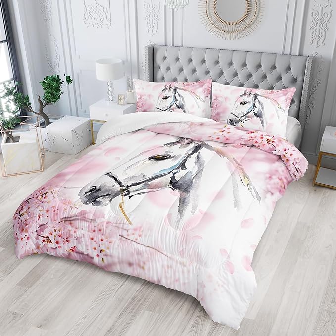 Kid Horse Comforter Set Full Room Floral Animal Theme Handsome Horse Chic Cherry Blossom Bedding Set Wild Animal Decor Quilt Set for Girls Adult, 1 Comforter + 2 Pillowcases