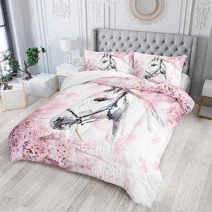Kid Horse Comforter Set Full Room Floral Animal Theme Handsome Horse Chic Cherry Blossom Bedding Set Wild Animal Decor Quilt Set for Girls Adult, 1 Comforter + 2 Pillowcases