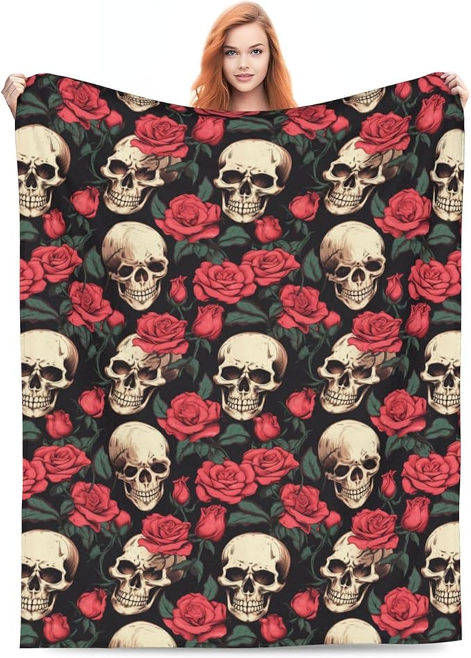 Skull Flower Rose Blanket Gifts for Adults Women Men Gothic Skull Skeleton Flannel Throw Blankets Soft Fuzzy Lightweight for Home Decor Couch Bed Sofa 60x50 Inches